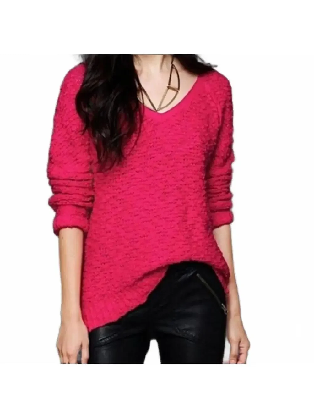 Free People Hot Pink Songbird V-Neck Knit Bell Sleeve Oversized Sweater XS